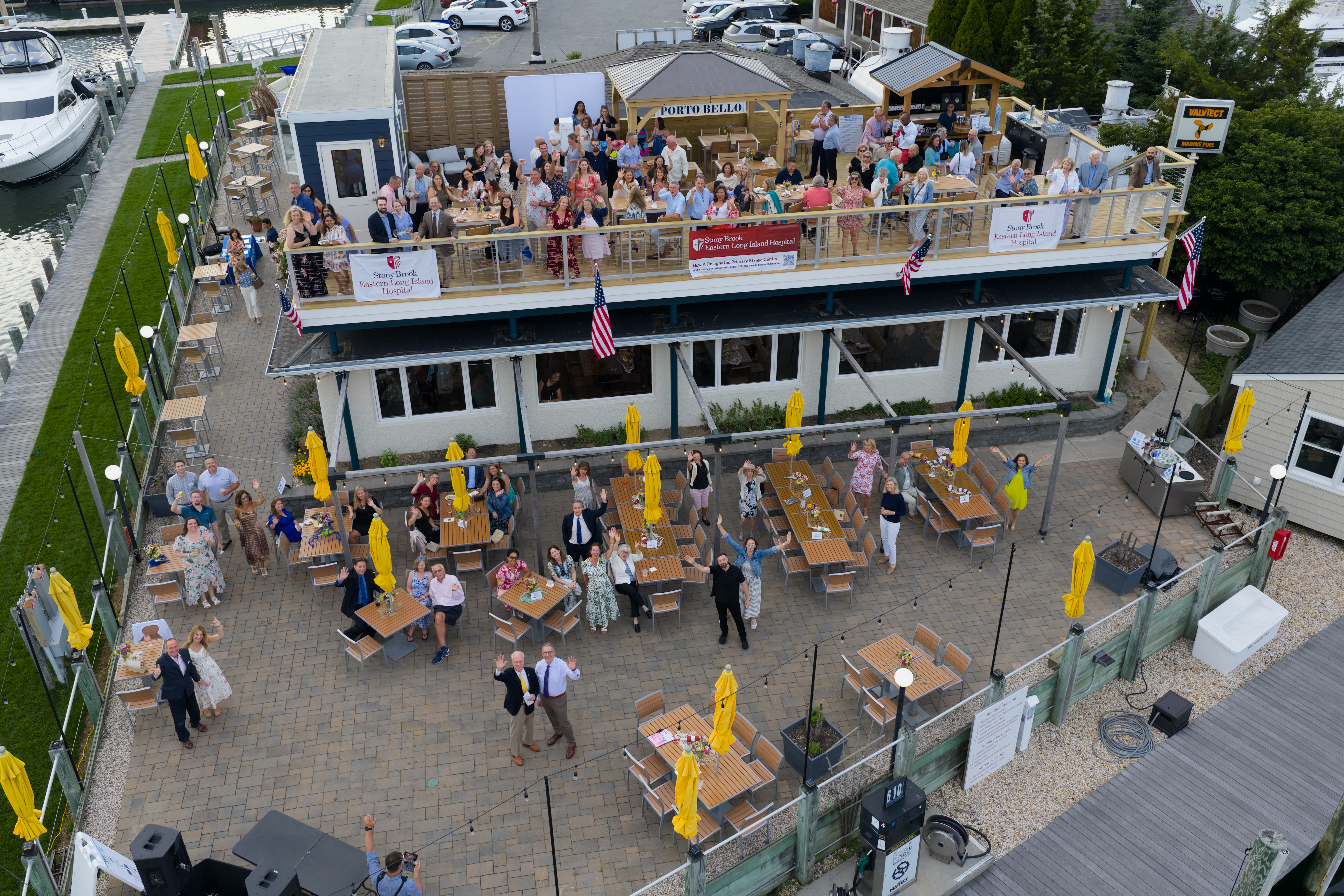 Aerial photo of the 2026 Dancing on the Dock party at Smugglers Cove