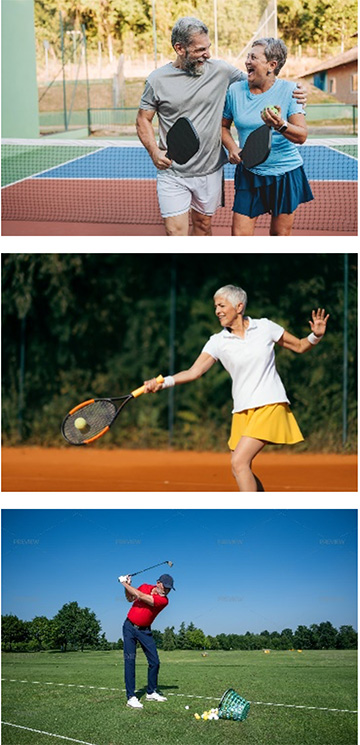 Couple playing tennis and pickleball and a gentleman playing golf